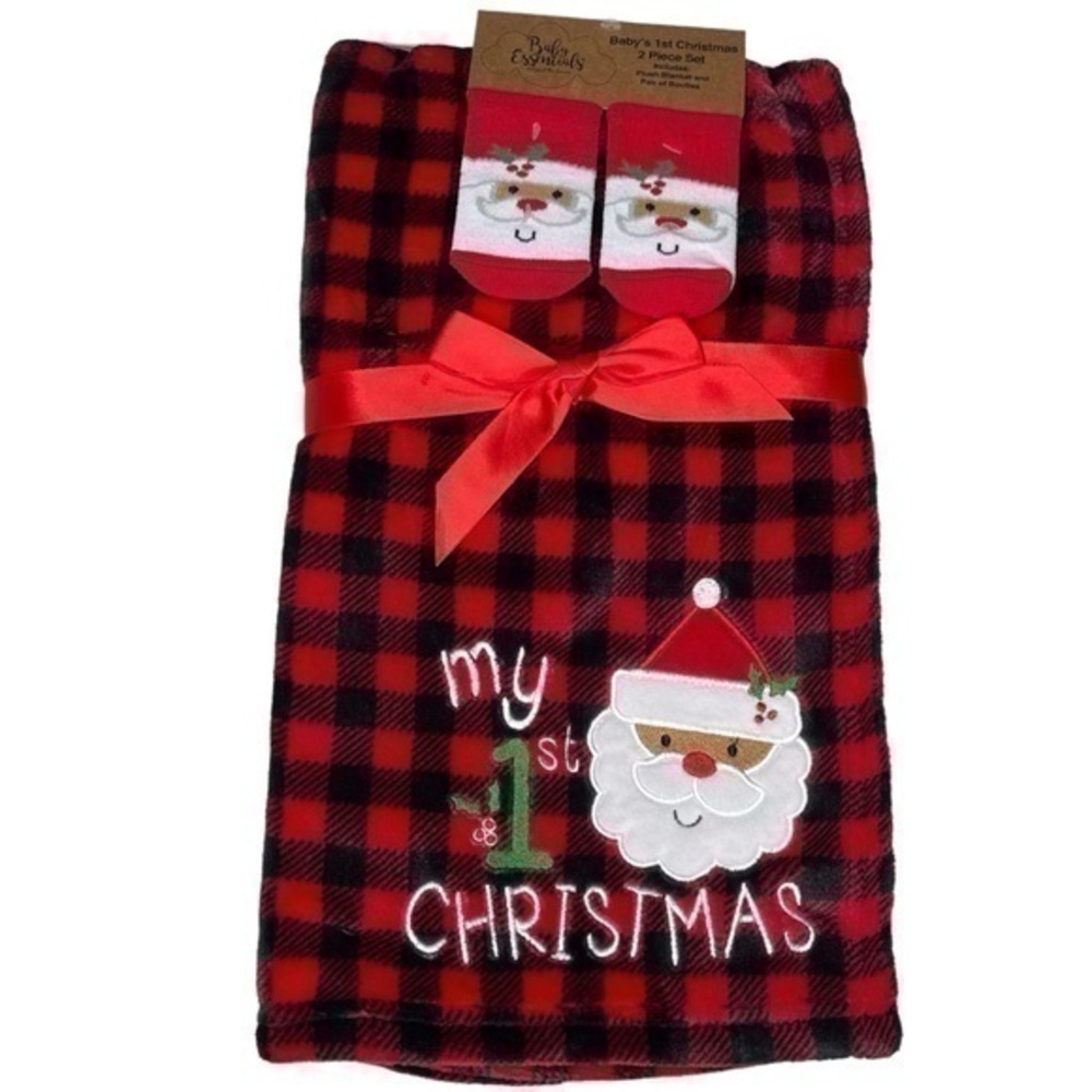 Plush Buffalo Plaid 1st Christmas Blanket with matching Santa Booties - NWT